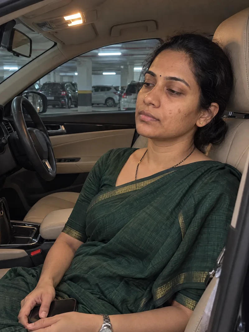 Anusha in a green silk saree, resting in her parked car before going up.