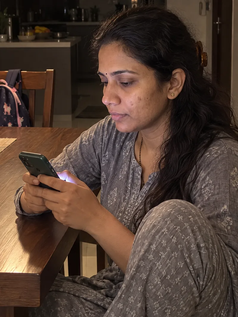 Anusha at the dining table late at night, answering questions on her phone.