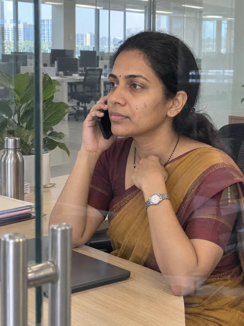 Anusha in her office cabin, on a phone call.