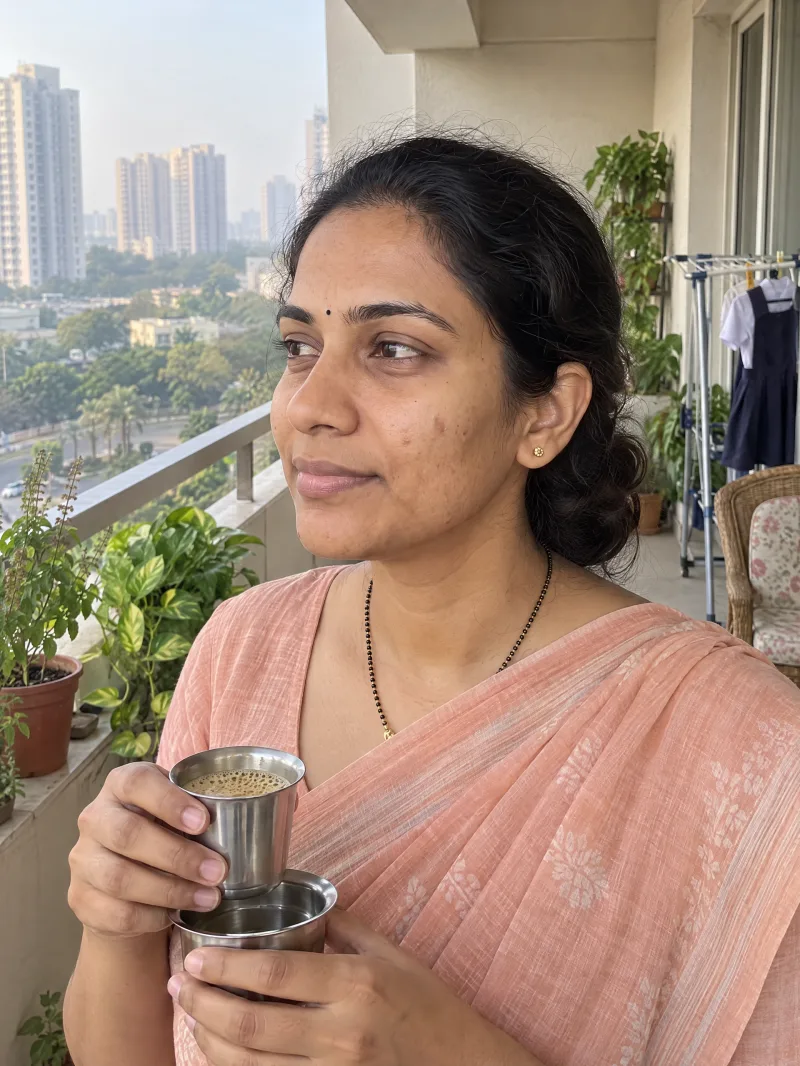 Anusha on her balcony in the morning with filter coffee, smiling a little.