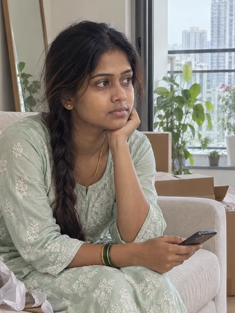 Harika on her new sofa among moving boxes, phone in hand, looking out of the window.