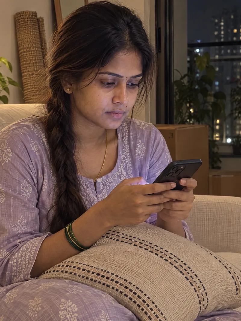 Harika on the sofa at night, answering the check-in on her phone.