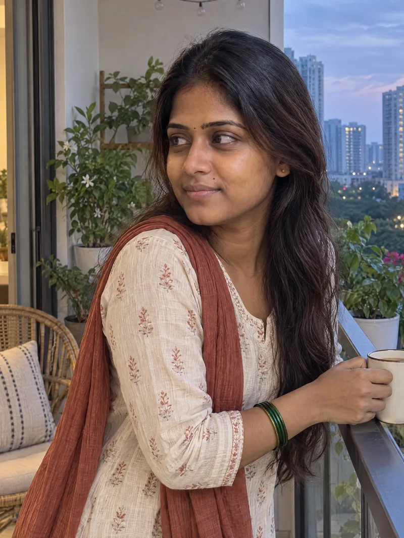 Harika on her balcony at dusk with a cup of chai, smiling a little.