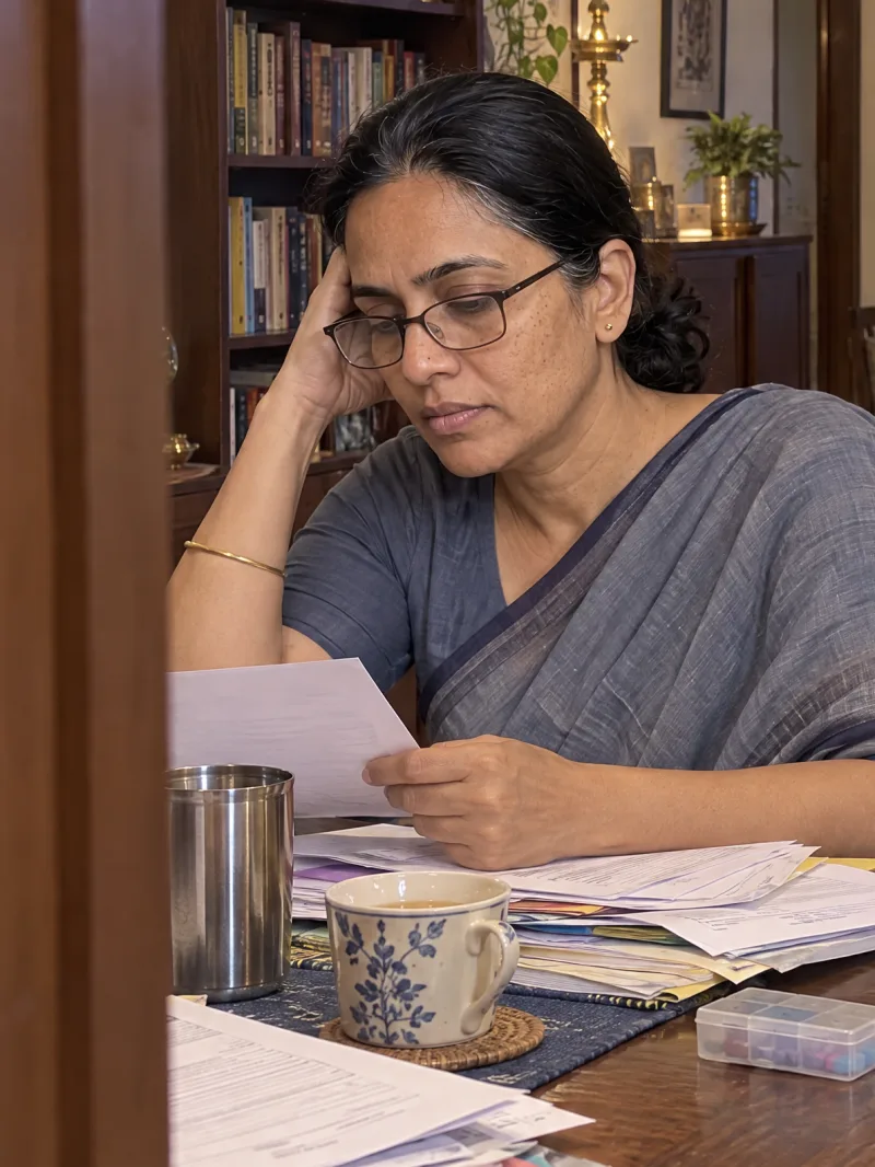 Madhavi at her dining table in reading glasses, going through a pile of bills.