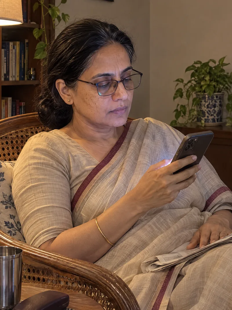 Madhavi in her armchair in the evening, reading her phone.