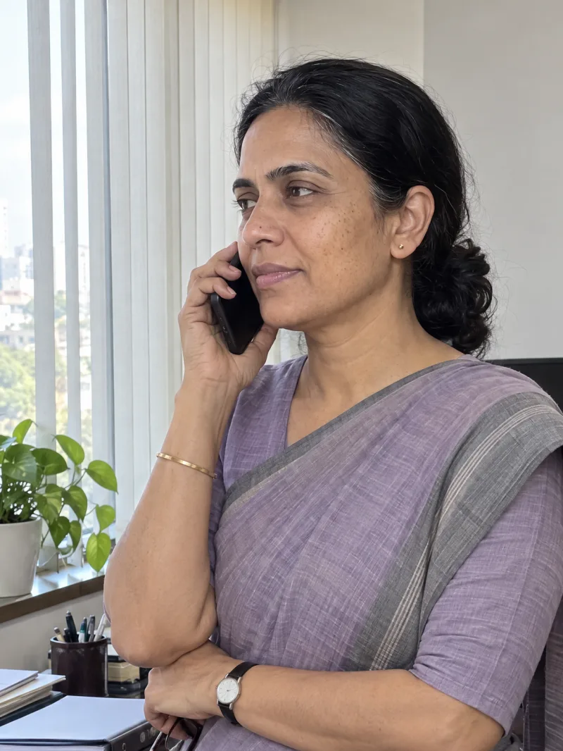 Madhavi in her office, on a phone call.