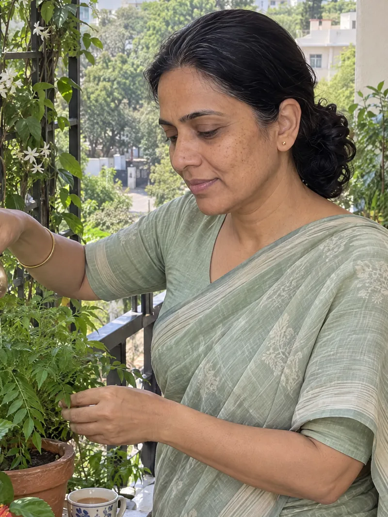 Madhavi watering the plants on her balcony, smiling a little.