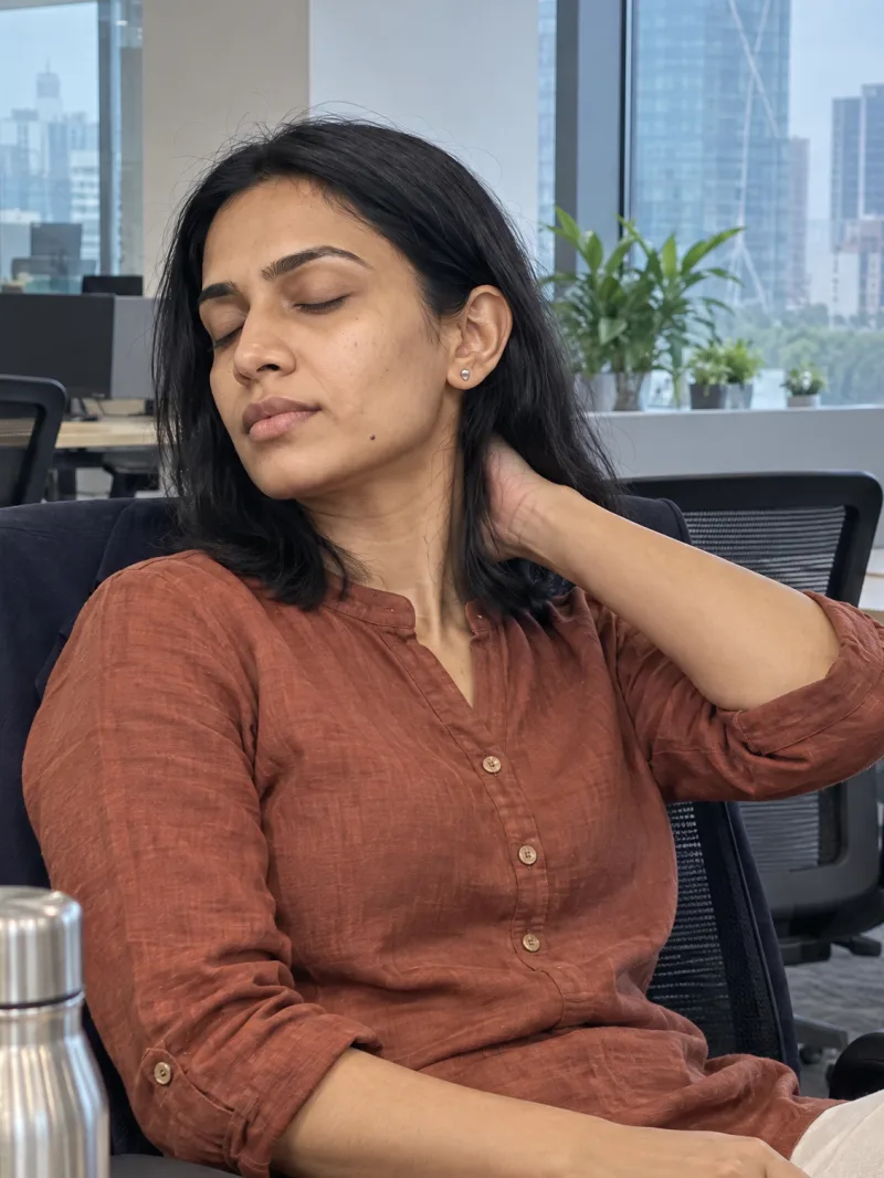 Sahana at her office desk, eyes closed, rubbing the back of her neck.