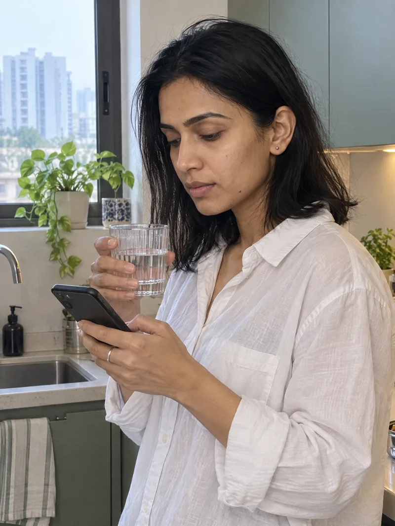 Sahana at her kitchen counter in the morning with a glass of water, reading her phone.