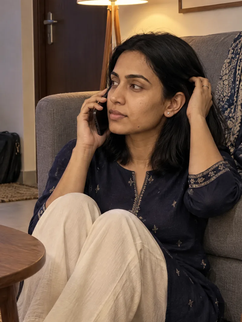 Sahana sitting on the floor against her sofa, on a phone call.
