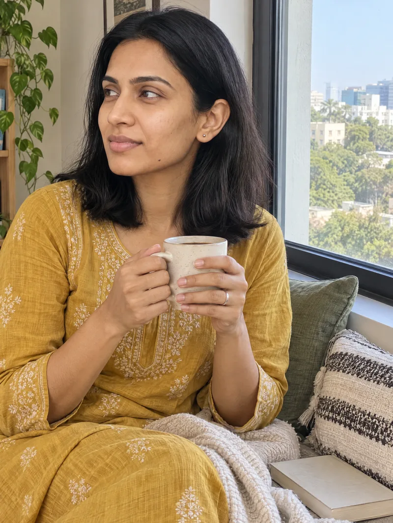 Sahana in her window seat with a coffee, smiling a little.